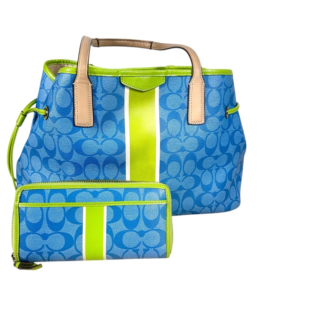 Coach signature stripe large carryall handbag purse with wallet blue green